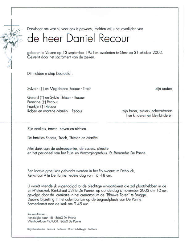 Overlijdensbrief Daniel Recour